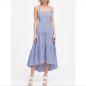 Banana Republic Tiered Striped Blue & White Cotton Poplin Maxi Convertible Dress
